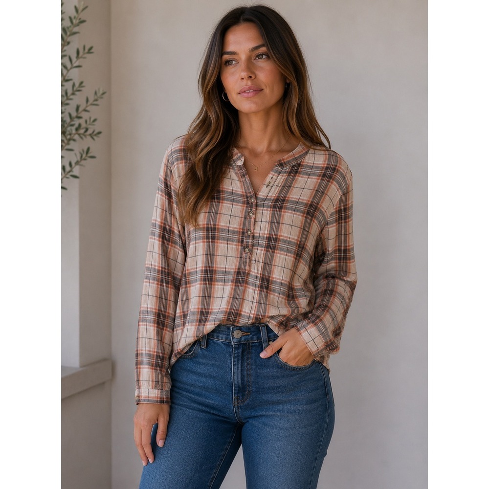 Grace + Karma Plaid Pintuck Blouse Sz S Rust Tan Cotton Country Chic Western
